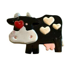 Vintage 1989 Hallmark Black & White Cow Valentines Pin Brooch With Heart Accents